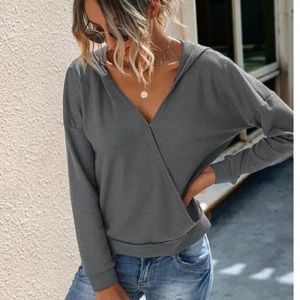 NEW Dark Gray Waffle Knit Wrap Front Hoodie Lightweight